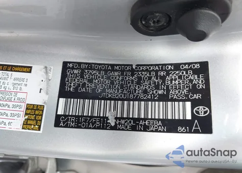 2008 Toyota Prius from USA, damaged, VIN JTDKB20U187782412